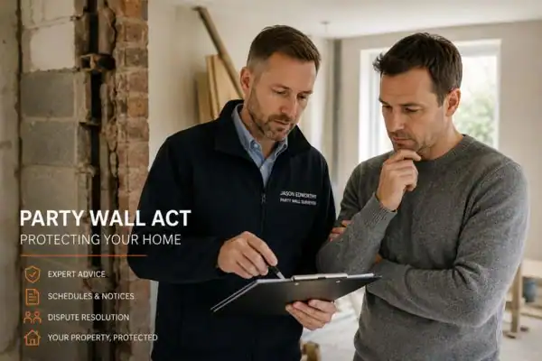 Party wall surveyor Basingstoke discussing extension plans with homeowner outside a UK semi-detached house.